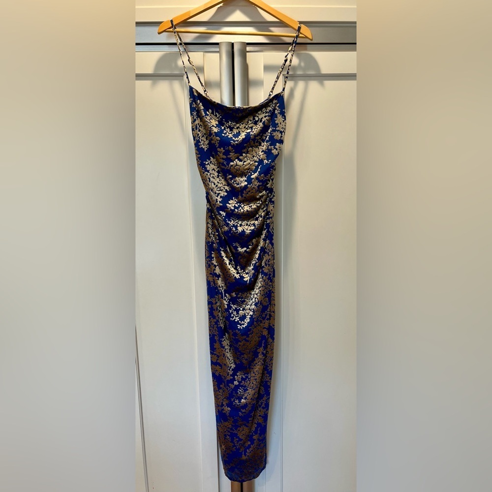 Avec Les Filles Burn Out Blue and Gold Ruched Floral Maxi Dress size L - Picture 7 of 12